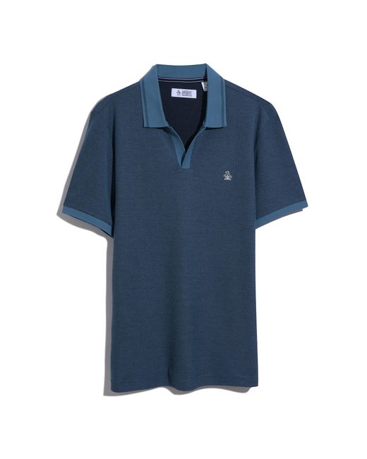 Original Penguin Honeycomb Textured Johnny Collar Polo Shirt In Copen Blue for men