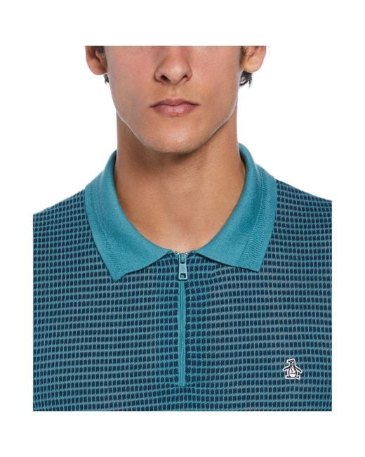 Original Penguin Blue All Over Jaquard 1/4 Zip Sweater Polo Shirt In Teal for men