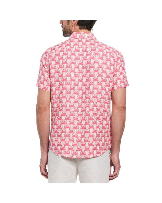Original Penguin Pink Delave Linen Geometric Palm Print Short Sleeve Button-down Shirt In Birch for men