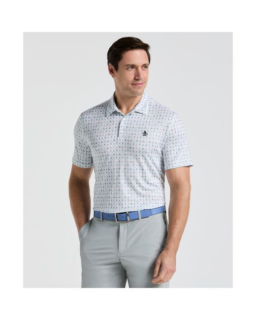 Original Penguin Blue 19th Hole Windowpane Novelty Printed Golf Polo Shirt In Bright White for men