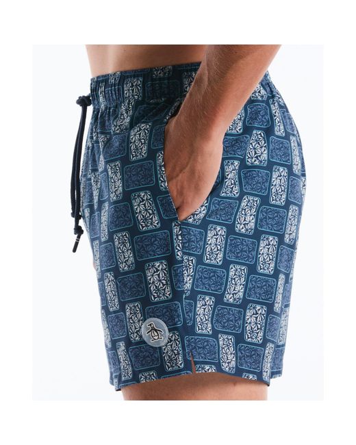 Original Penguin Blue Flower Block Print Swim Shorts In Sargasso Sea for men