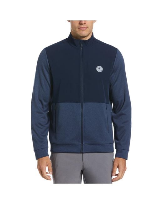 Original Penguin Blue Colour Block Fleece Full Zip Golf Jacket In Black Iris Bijou Heather for men