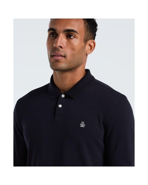 Original Penguin Blue Pique Long Sleeve Polo Shirt In Dark Sapphire for men