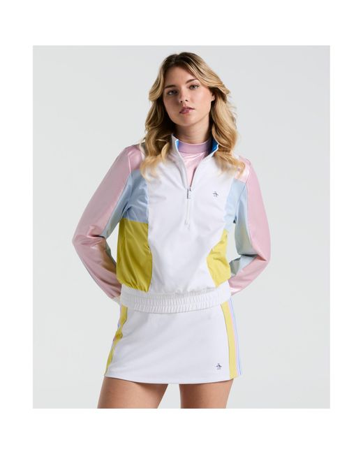 Original Penguin Blue Women's Colour Block Cropped Tennis 1/4 Zip Jacket In Bright White for men