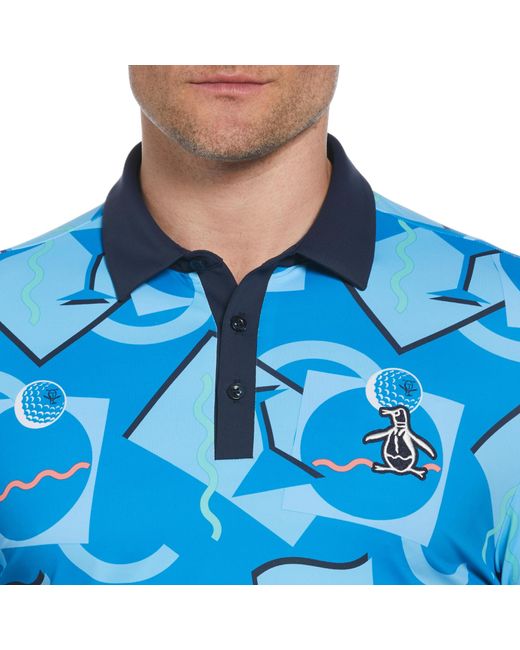 Original Penguin Abstract 80s Print Blocked Short Sleeve Golf Polo Shirt In Blue Jewel for men