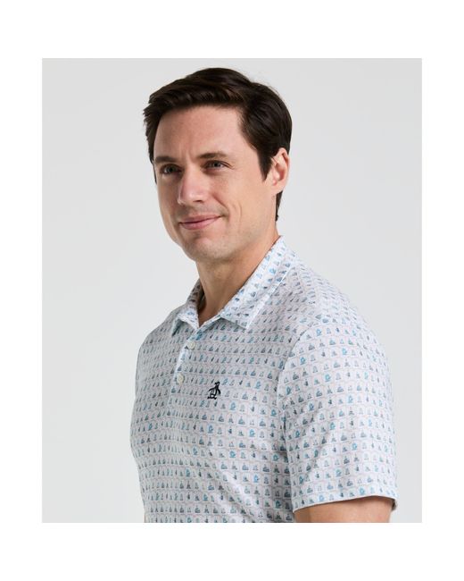 Original Penguin Blue 19th Hole Windowpane Novelty Printed Golf Polo Shirt In Bright White for men