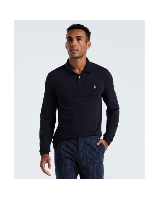 Original Penguin Blue Pique Long Sleeve Polo Shirt In Dark Sapphire for men
