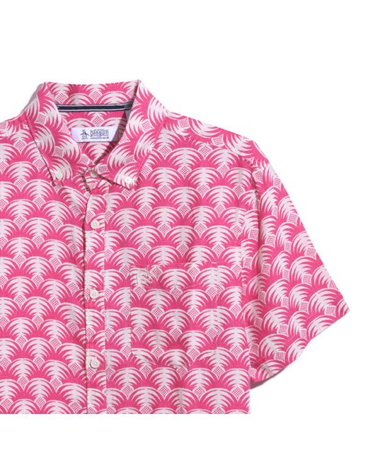 Original Penguin Pink Delave Linen Geometric Palm Print Short Sleeve Button-down Shirt In Birch for men