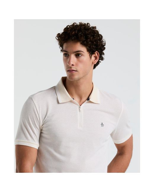 Original Penguin White Jacquard Tipped 1/4 Zip Polo Shirt In Birch for men