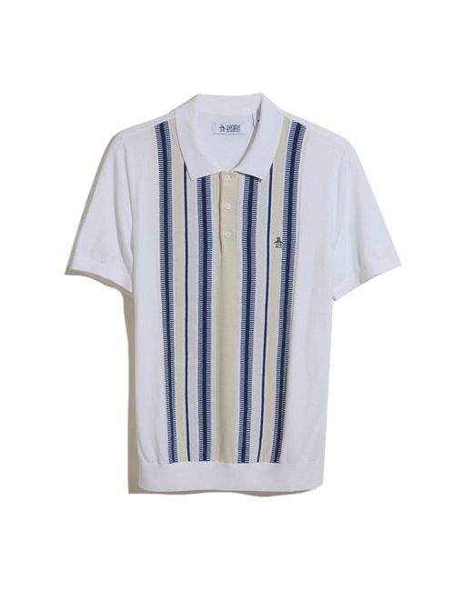Original Penguin Blue Cashmere Like Cotton Verticle Stripe Sweater Polo Shirt In Bright White for men