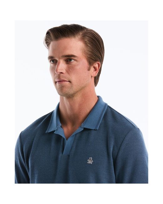 Original Penguin Honeycomb Textured Johnny Collar Polo Shirt In Copen Blue for men