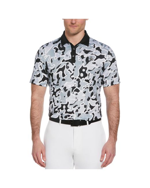 Original Penguin Black Bunker Print Short Sleeve Golf Polo Shirt In Caviar for men