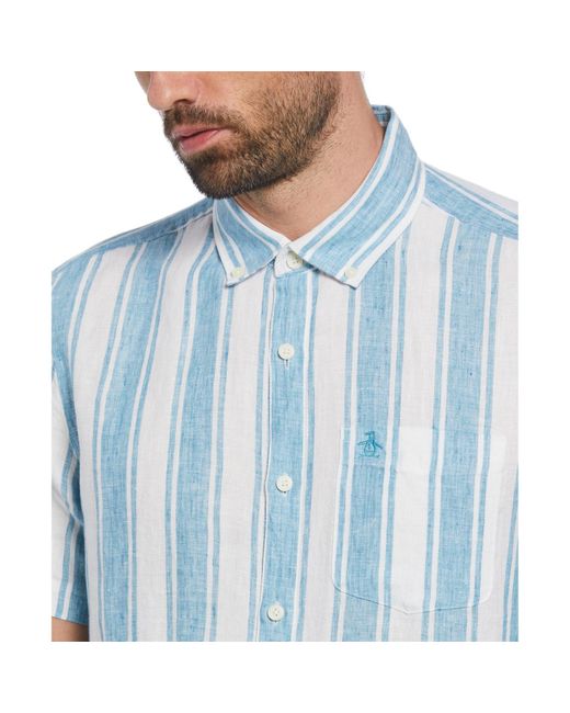 Original Penguin Delave Linen Short Sleeve Button-down Shirt In Blue Moon for men