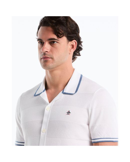 Original Penguin Seed Stitch Stripe Button Front Sweater Polo In Bright White for men