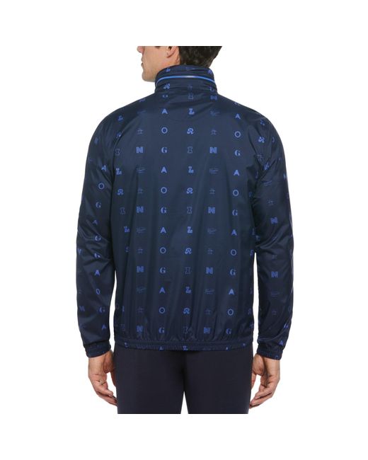 Original Penguin Blue Logo Print Golf Wind Jacket With Hidden Hood In Black Iris for men