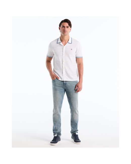 Original Penguin Seed Stitch Stripe Button Front Sweater Polo In Bright White for men