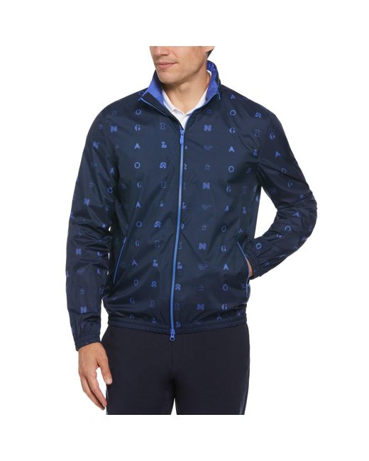 Original Penguin Blue Logo Print Golf Wind Jacket With Hidden Hood In Black Iris for men