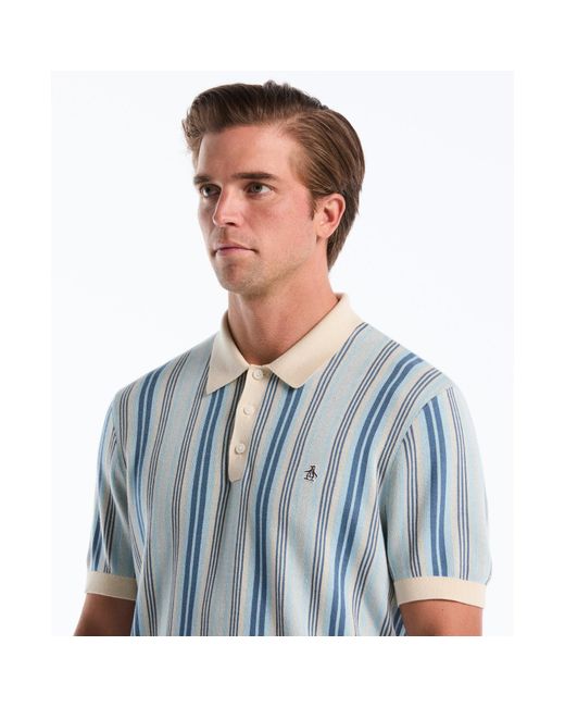 Original Penguin Blue Jacquard Vertical Stripe Sweater Polo In Birch for men
