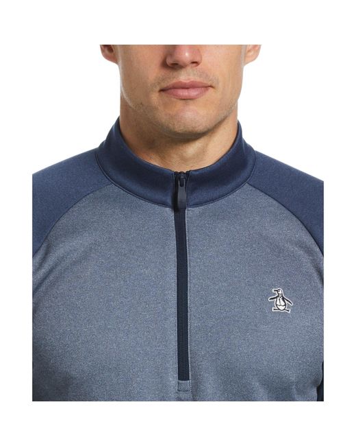Original Penguin Blue Colour Block 1/4 Zip Pullover In Black Iris Bijou Heather for men