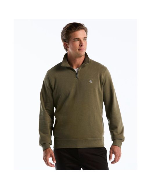 Original Penguin Green Sticker Pete Quarter Zip Sweatshirt In Dusty Olive for men