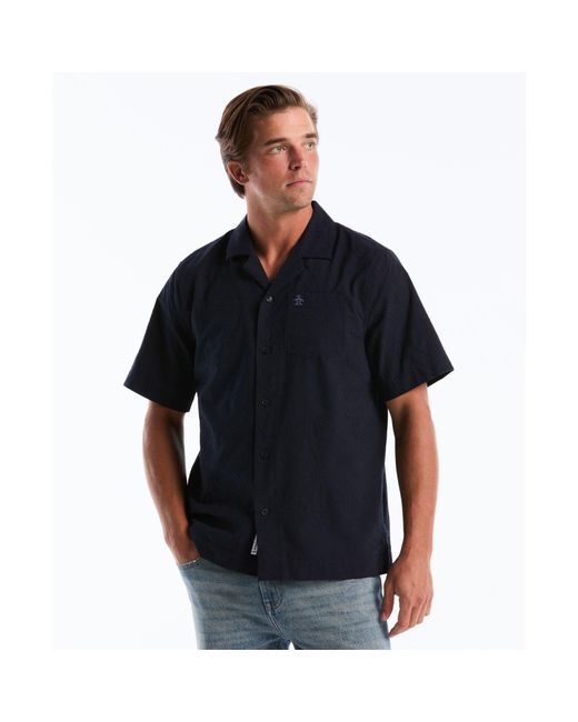 Original Penguin Black Floral Embroidered Short Sleeve Shirt In Dark Sapphire for men