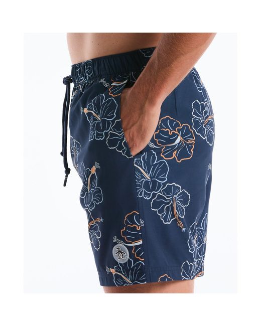 Original Penguin Blue Hibiscus Flower Print Swim Shorts In Sargasso Sea for men