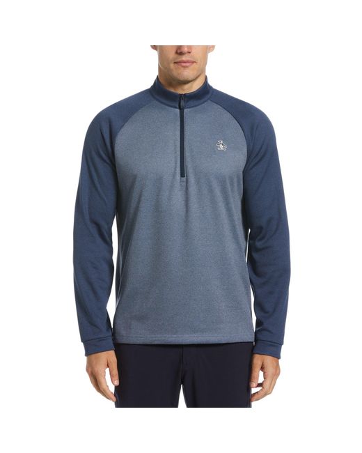 Original Penguin Blue Colour Block 1/4 Zip Pullover In Black Iris Bijou Heather for men