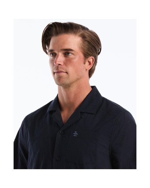 Original Penguin Black Floral Embroidered Short Sleeve Shirt In Dark Sapphire for men
