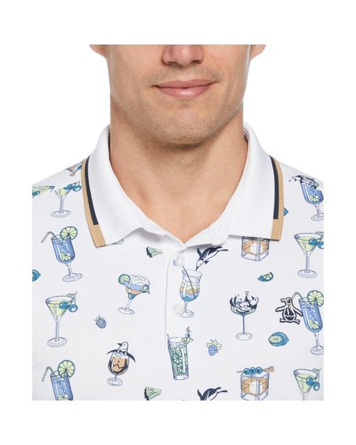 Original Penguin Blue 19th Hole Printed Golf Polo Shirt In Bright White for men