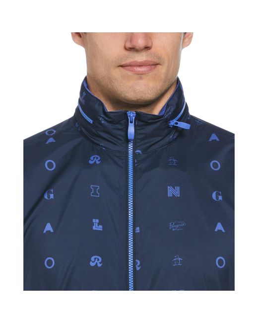 Original Penguin Blue Logo Print Golf Wind Jacket With Hidden Hood In Black Iris for men