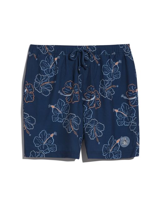 Original Penguin Blue Hibiscus Flower Print Swim Shorts In Sargasso Sea for men