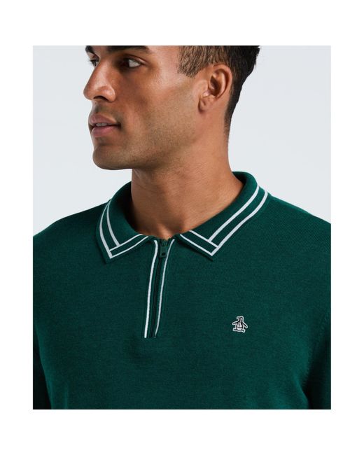 Original Penguin Tipped Quarter Zip Long Sleeve Sweater Polo In Botanical Green Heather for men