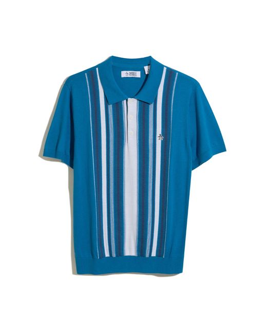 Original Penguin Cashmere Like Cotton Verticle Stripe Sweater Polo Shirt In Vallarta Blue for men