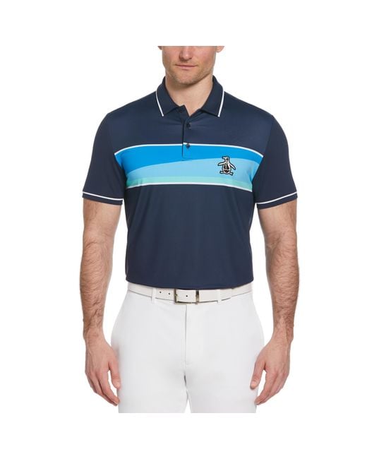 Original Penguin Blue Engineered 80s Color Block Print Short Sleeve Golf Polo Shirt In Black Iris for men