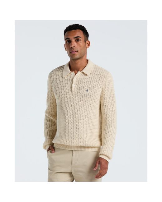 Original Penguin Natural Zigzag Stitch Long Sleeve Sweater Polo In Birch for men