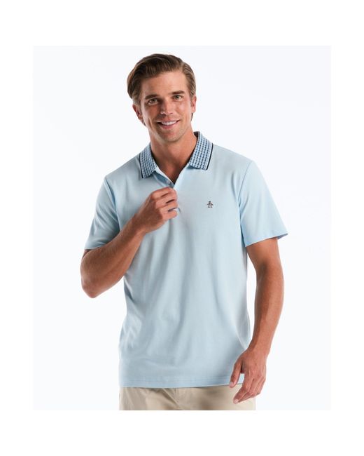 Original Penguin Interlock Striped Collar Polo Shirt In Cool Blue for men