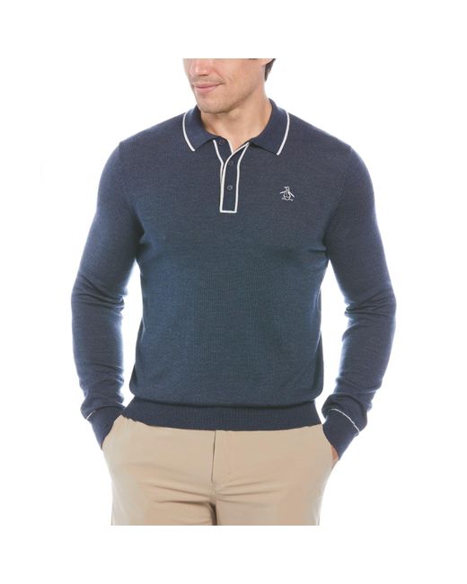 Original Penguin Blue The Earl Merino Wool Blend Golf Sweater In Black Iris Bijou Heather for men
