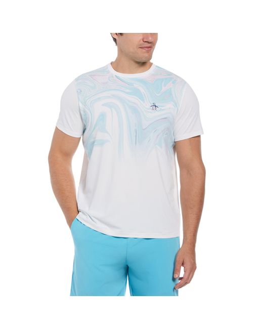 Original Penguin Blue Marble Print Performance Short Sleeve Tennis T-shirt In Bright White for men