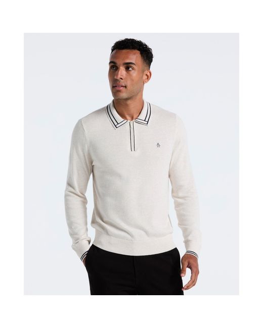 Original Penguin White Tipped Quarter Zip Long Sleeve Sweater Polo In Birch Heather for men