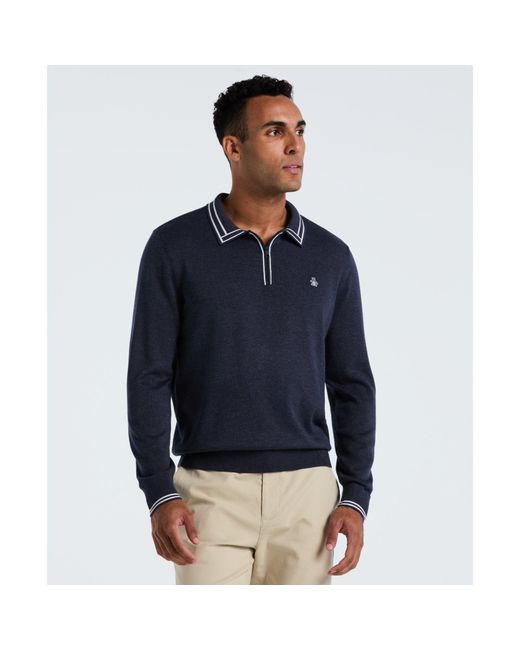 Original Penguin Blue Tipped Quarter Zip Long Sleeve Sweater Polo In Dark Sapphire Heather for men