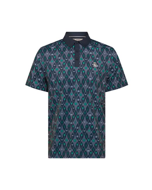 Original Penguin Blue All Over Lattice Cocktail Print Earl Golf Polo Shirt In Black Iris for men