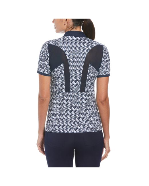 Original Penguin Blue Women's Geometric Print Short Sleeve Golf Polo Shirt With Mesh Inserts In Black Iris for men