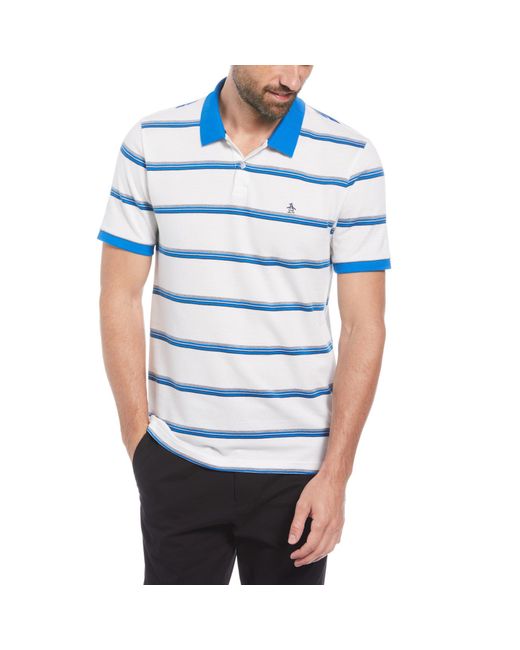Original Penguin Blue Birdseye Pique Striped Pattern Polo Shirt In Bright White for men