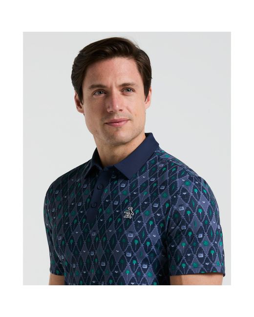 Original Penguin Blue All Over Lattice Cocktail Print Earl Golf Polo Shirt In Black Iris for men