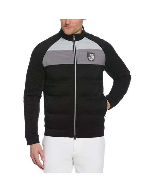 Original Penguin Black Mixed Media Colour Blocked Insulated Full Zip Golf Jacket In Caviar for men