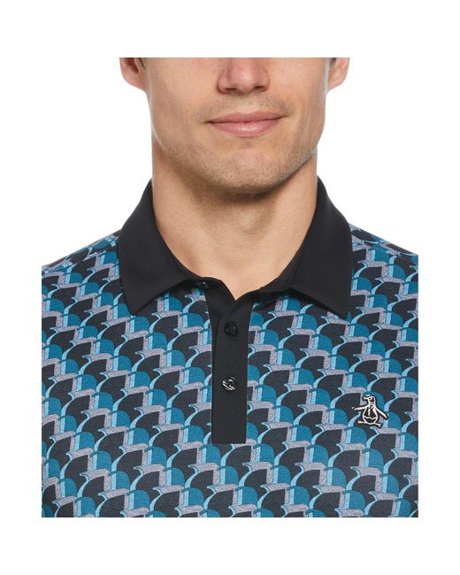 Original Penguin Blue All Over Penguin Print Golf Polo Shirt In Caviar for men