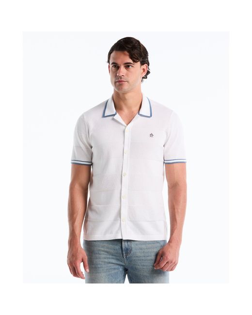 Original Penguin Seed Stitch Stripe Button Front Sweater Polo In Bright White for men