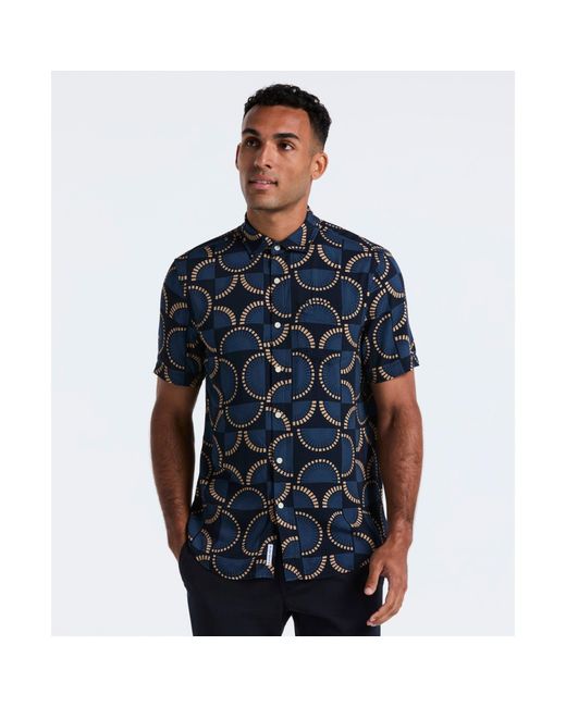 Original Penguin Blue Fan Print Short Sleeve Shirt In Dark Sapphire for men