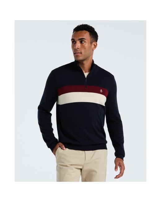 Original Penguin Black Cotton Colourblock Quarter Zip Sweater In Dark Sapphire for men