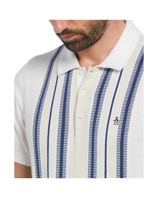 Original Penguin Blue Cashmere Like Cotton Verticle Stripe Sweater Polo Shirt In Bright White for men